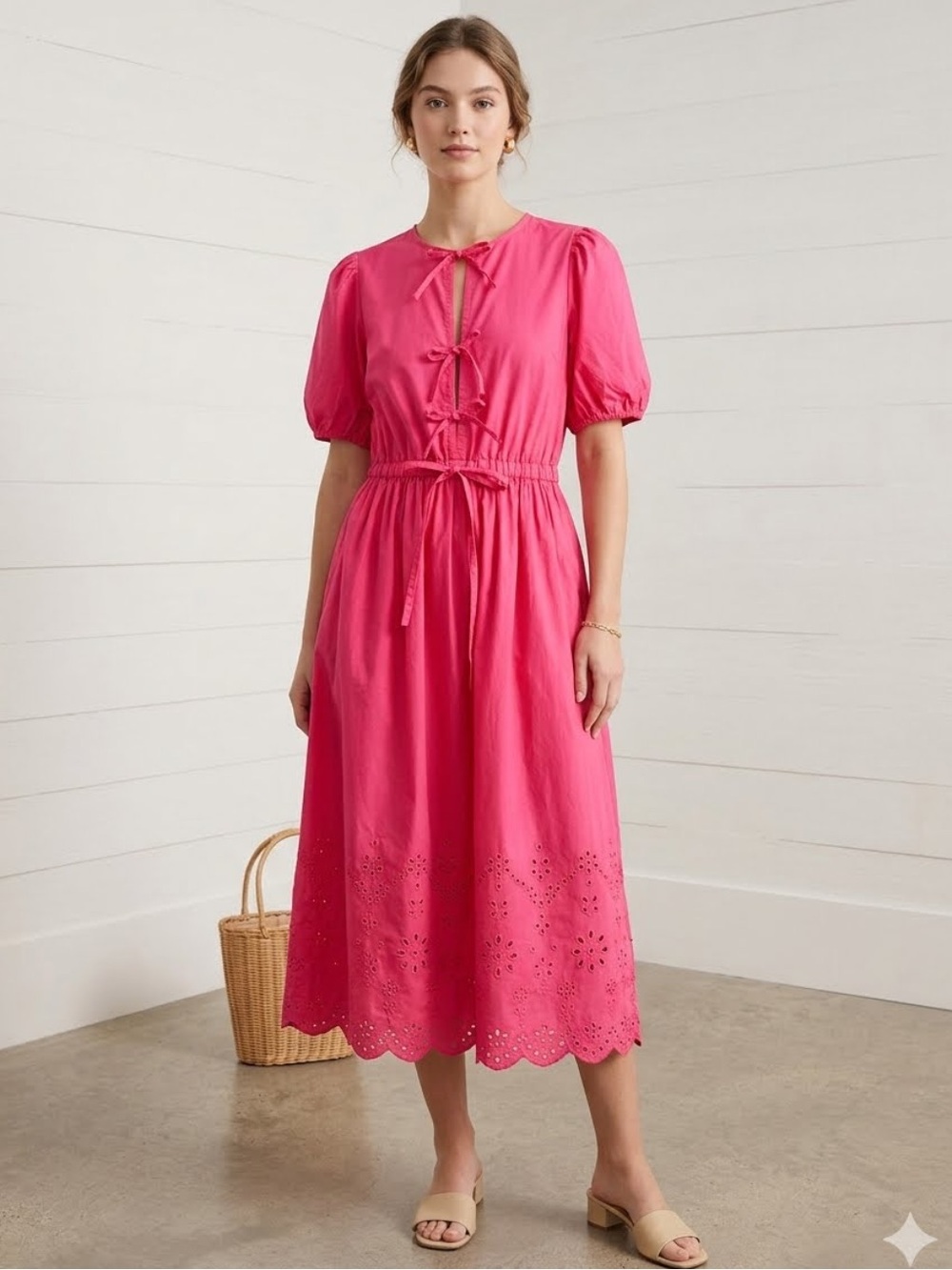 Free Assembly midi dress puff sleeves tie front bow split neckline pockets L